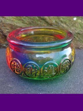 Colorful Rainbow Glass Open Salt Dip, Cellar, Dish w/Asian Designs!